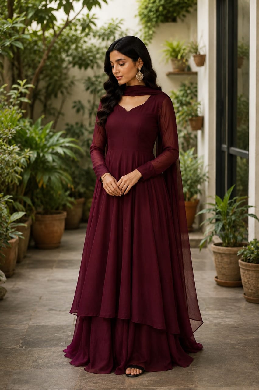 Burgundy Layered Maxi Dress with Dupatta | Zayuraa