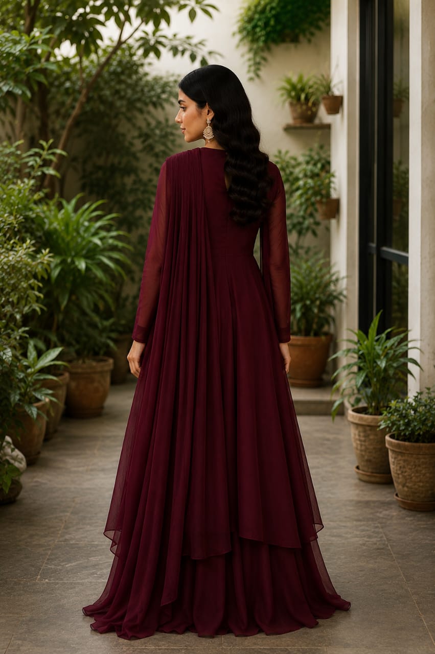 Burgundy Layered Maxi Dress with Dupatta | Zayuraa