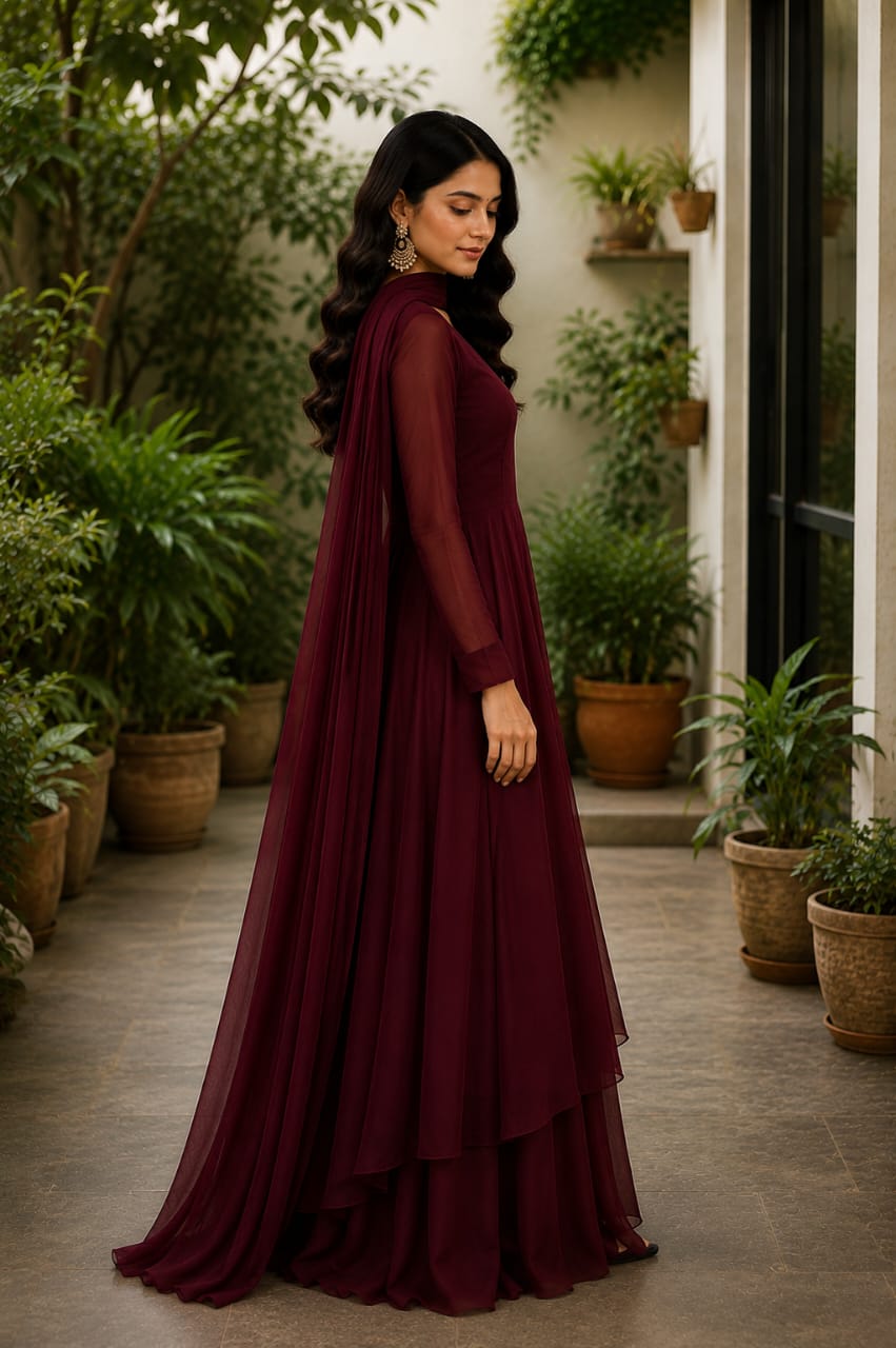 Burgundy Layered Maxi Dress with Dupatta | Zayuraa