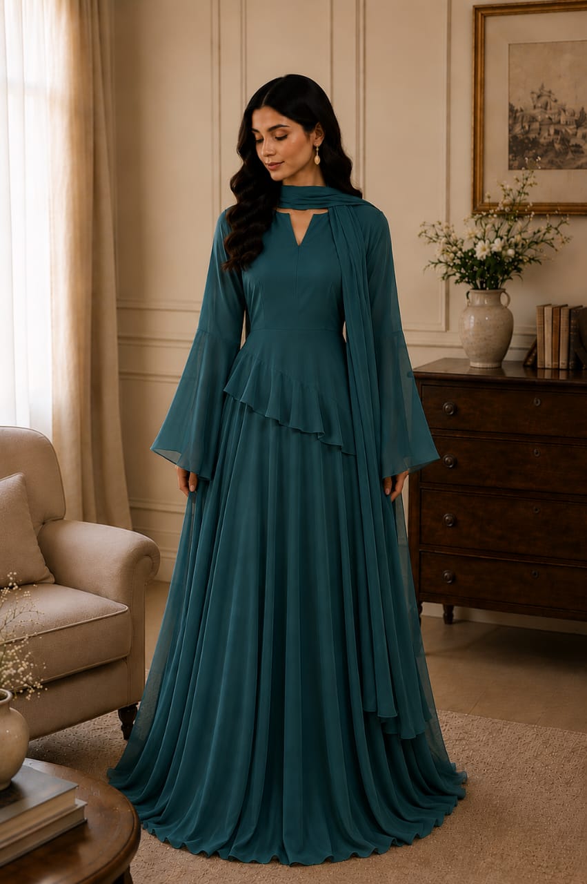 Teal Maxi Dress with Dupatta for Women | Zayuraa