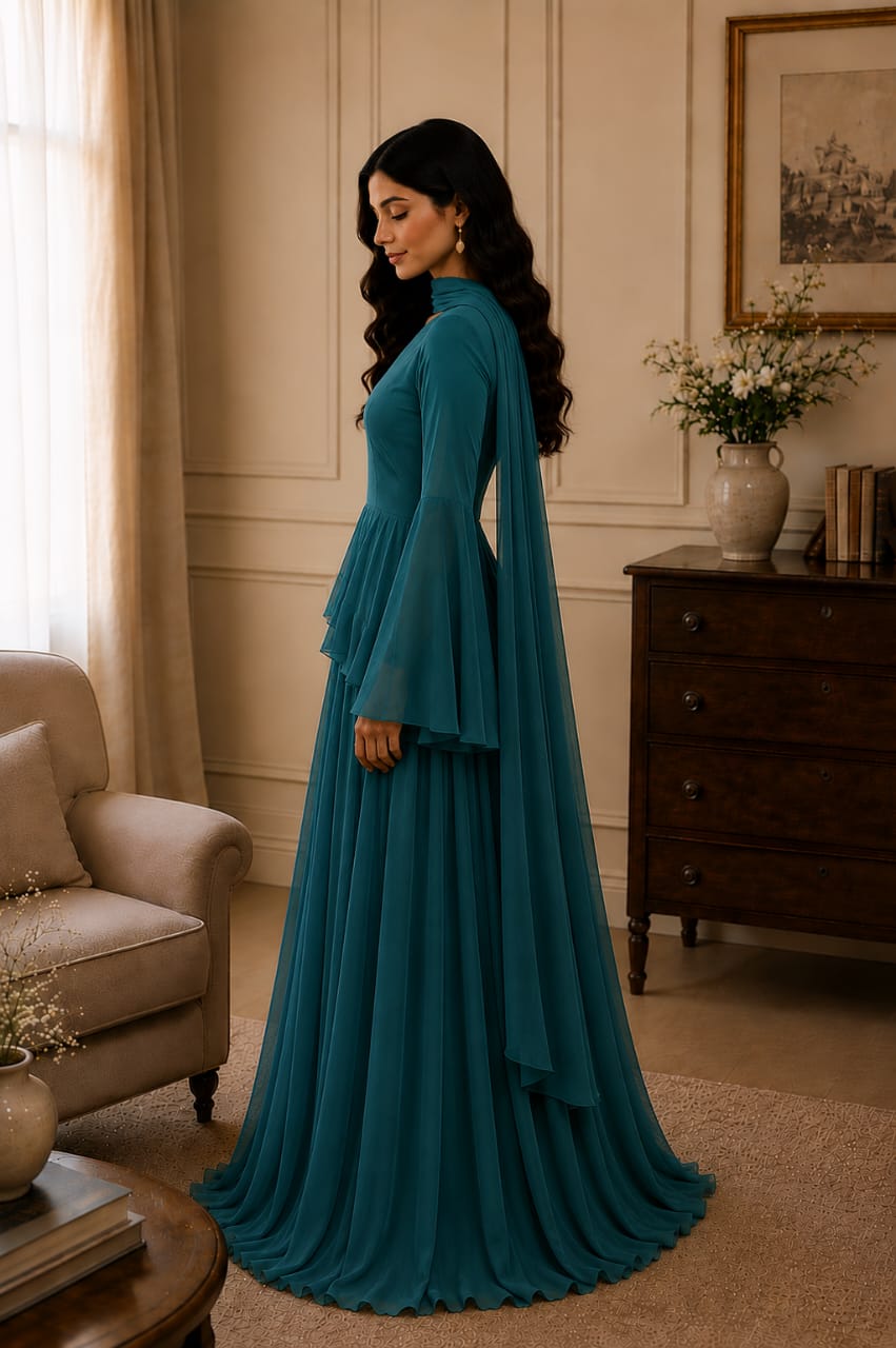 Teal Maxi Dress with Dupatta for Women | Zayuraa