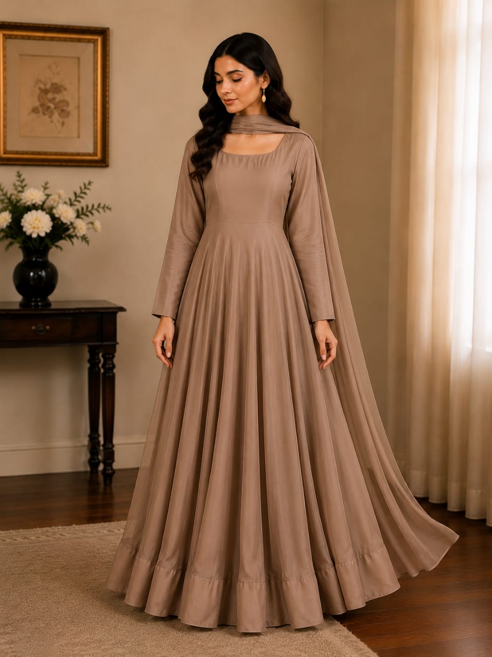 Taupe Maxi Dress with Dupatta for Women | Zayuraa