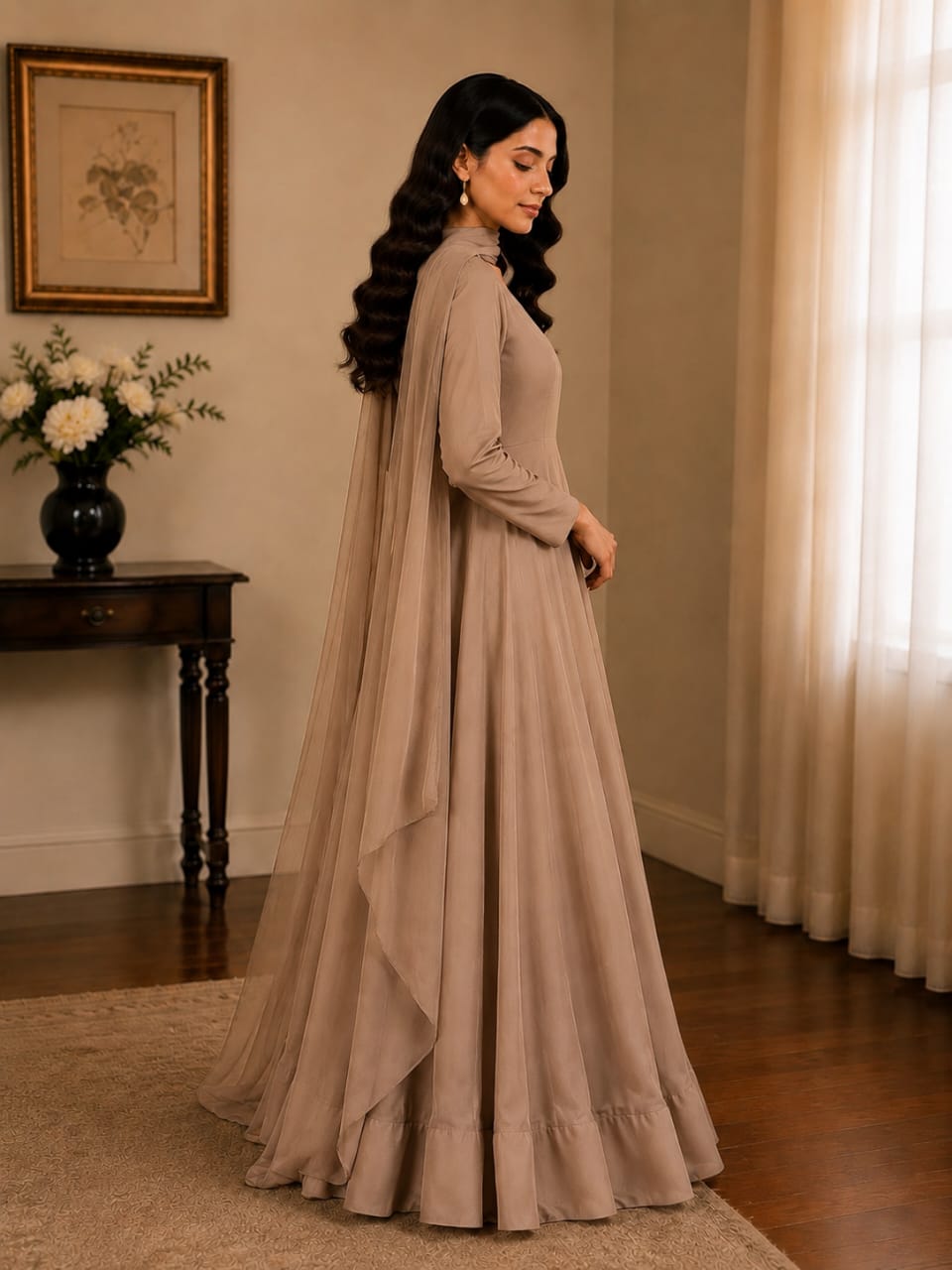 Taupe Maxi Dress with Dupatta for Women | Zayuraa