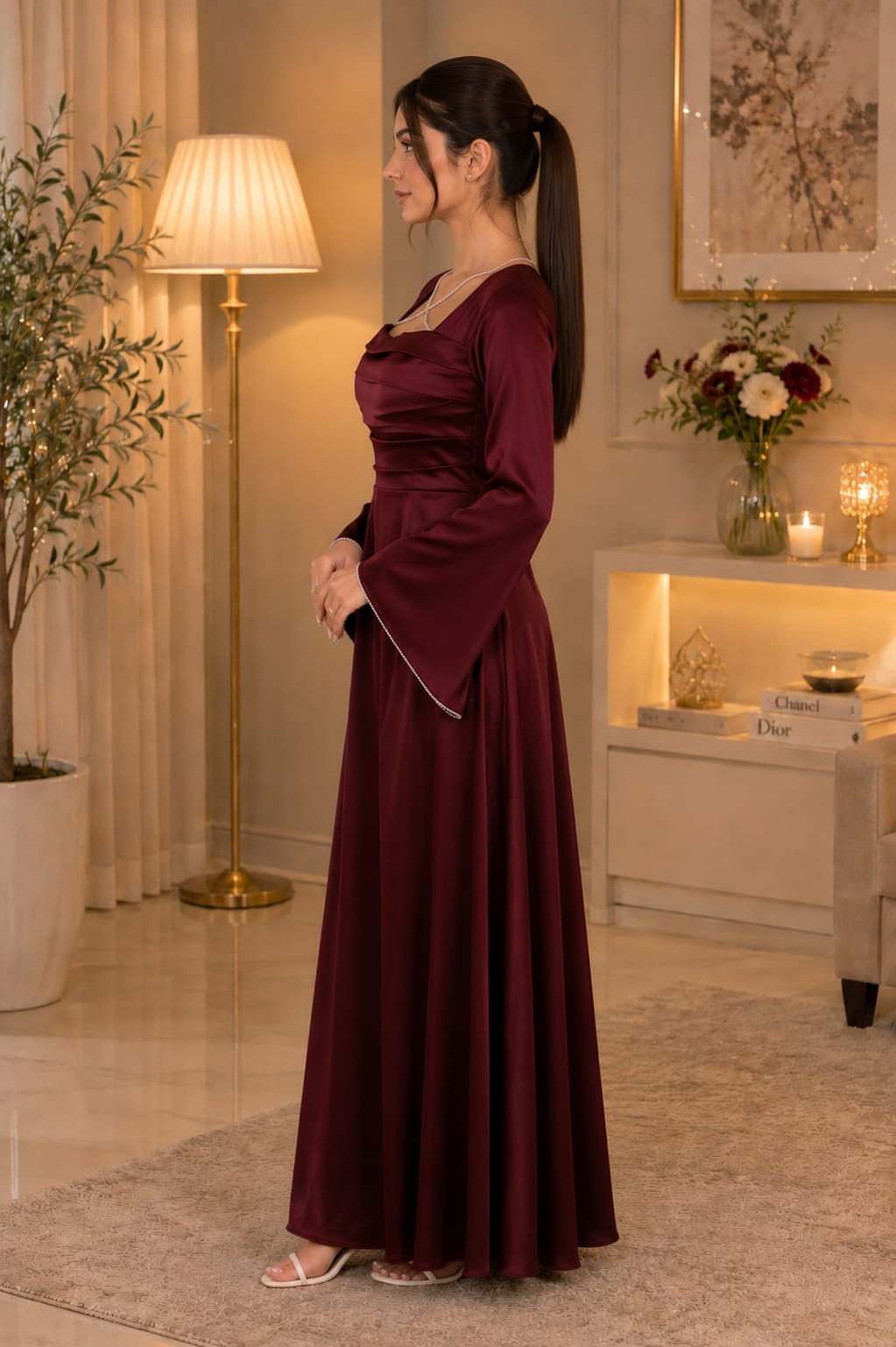 Zayuraa Crimson Aura Crystal-Trim Silk Maxi Dress – Modern Festive Wear