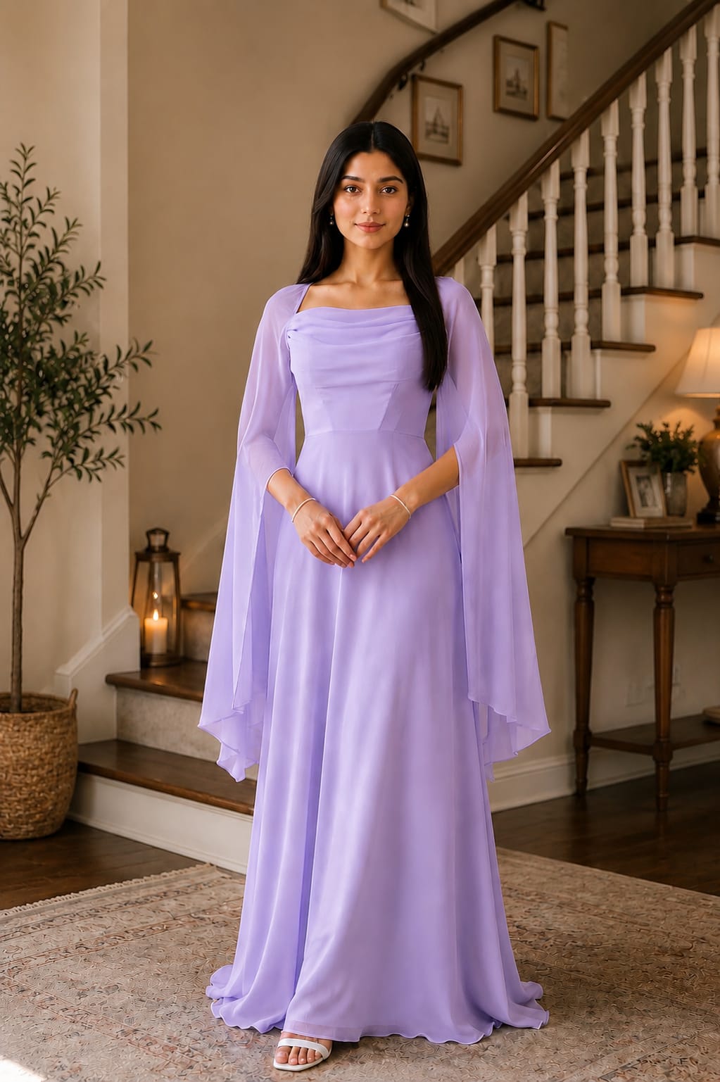 Zayuraa Lavender Dreams Chiffon Cape Sleeve Maxi Dress – Elegant Festive Wear