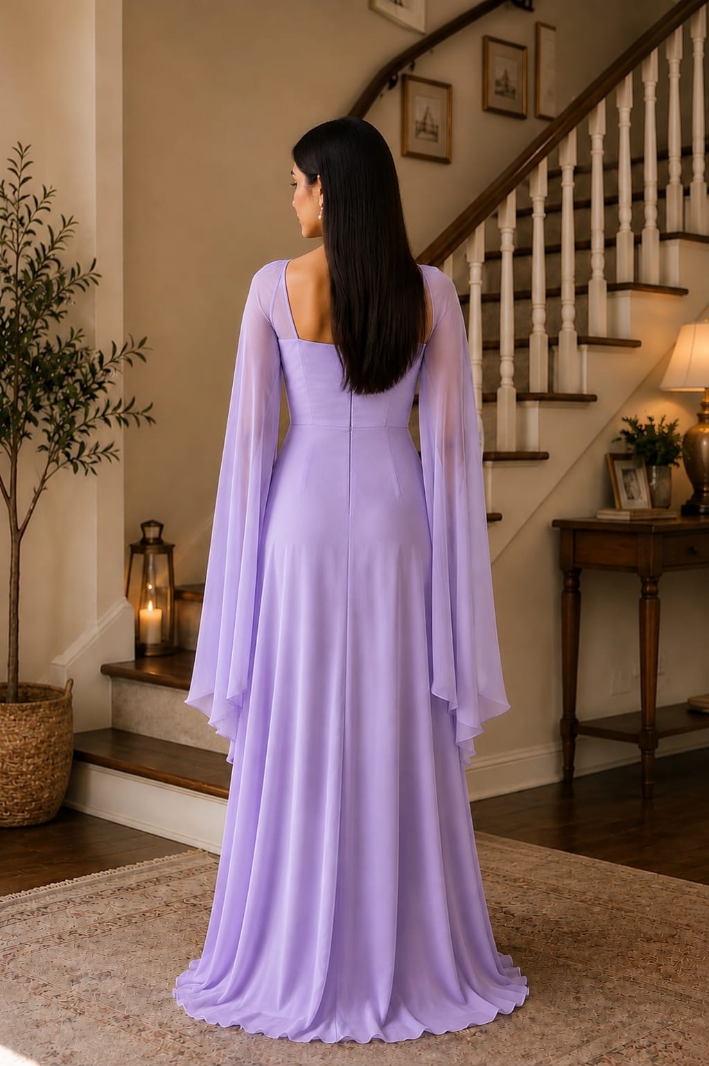 Zayuraa Lavender Dreams Chiffon Cape Sleeve Maxi Dress – Elegant Festive Wear