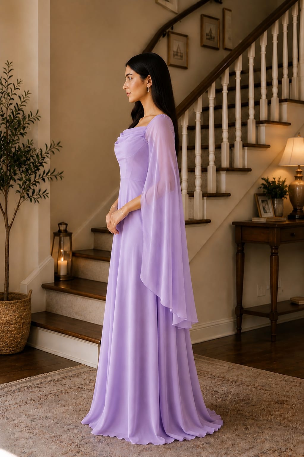 Zayuraa Lavender Dreams Chiffon Cape Sleeve Maxi Dress – Elegant Festive Wear