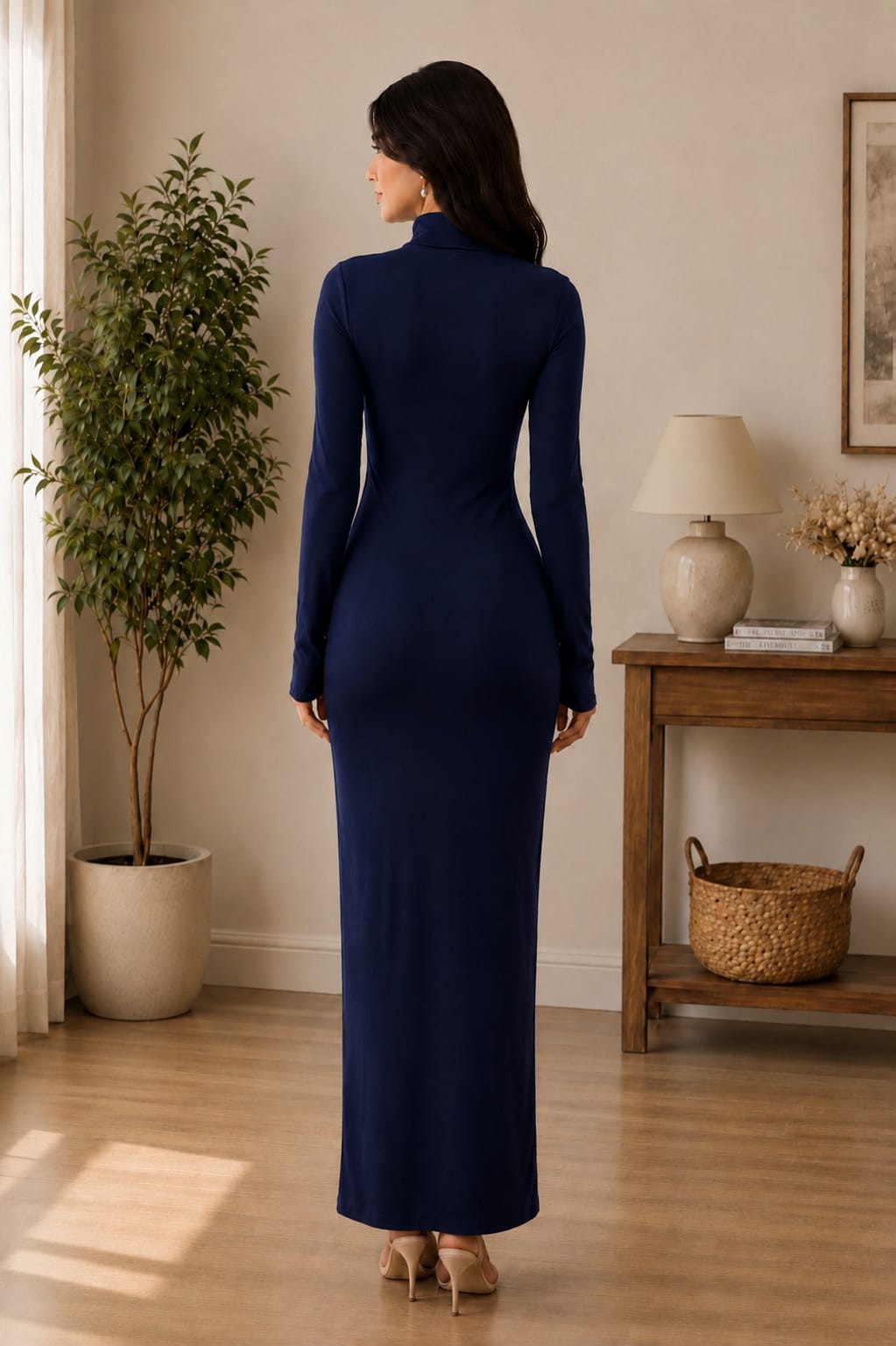 Zayuraa Midnight Sapphire Square-Neck Long Sleeve Maxi Dress – Modern Evening Wear