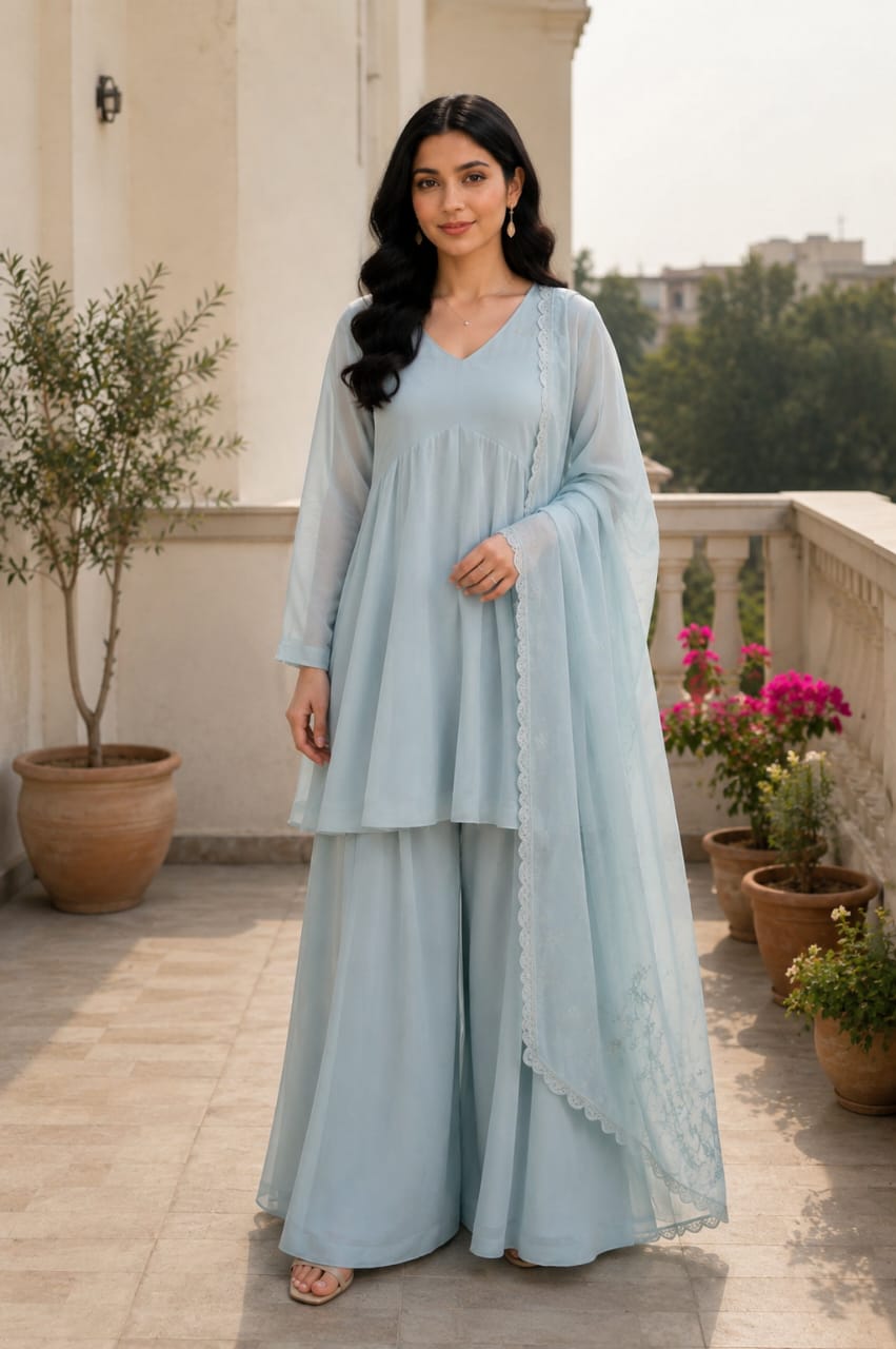 Powder Blue 3-Piece Peplum Suit for Women | Zayuraa