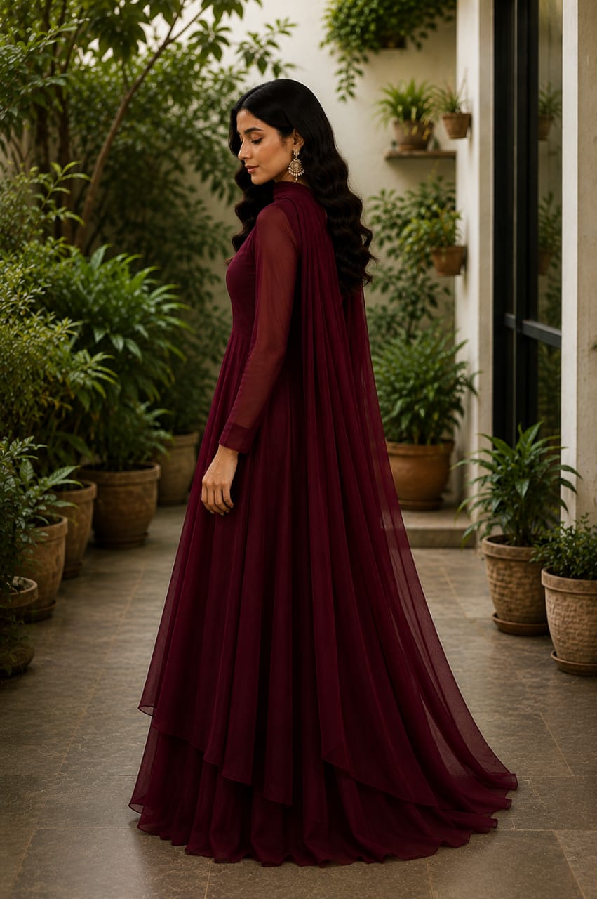 Burgundy Layered Maxi Dress with Dupatta | Zayuraa