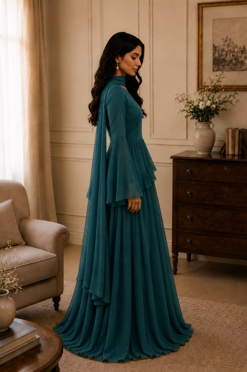 Teal Maxi Dress with Dupatta for Women | Zayuraa