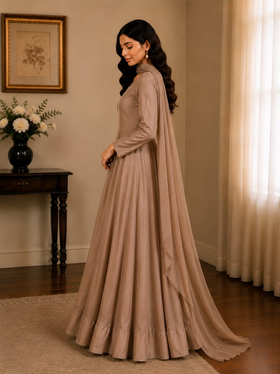 Taupe Maxi Dress with Dupatta for Women | Zayuraa