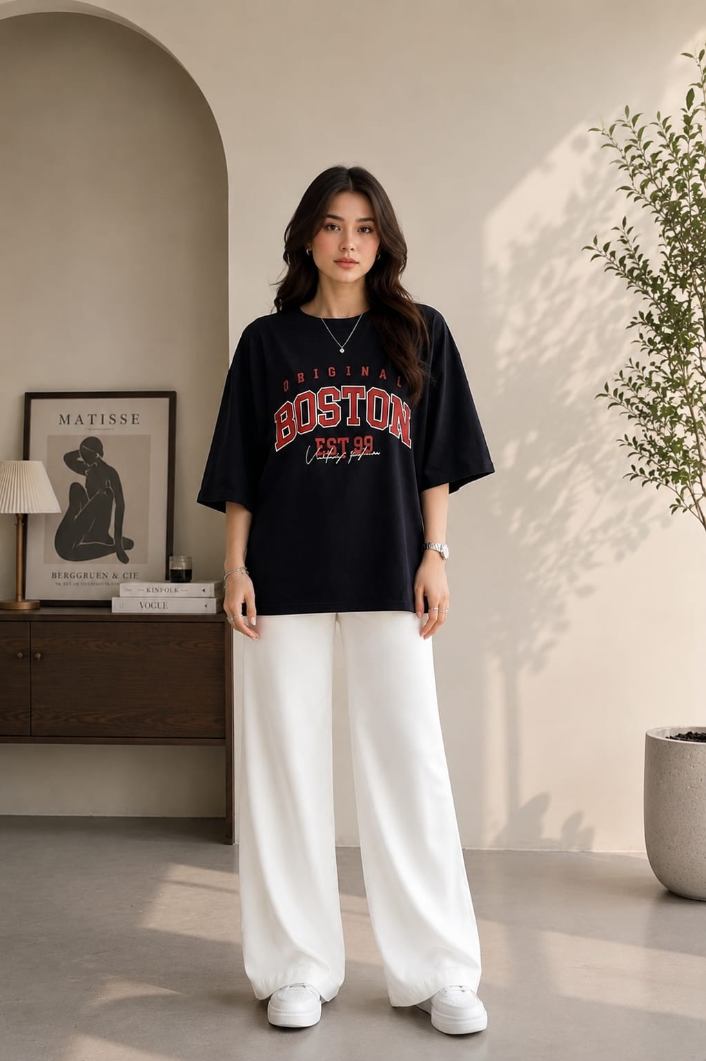 Zayuraa Boston Graphic Oversized T-Shirt and Wide-Leg Trouser Co-Ord Set