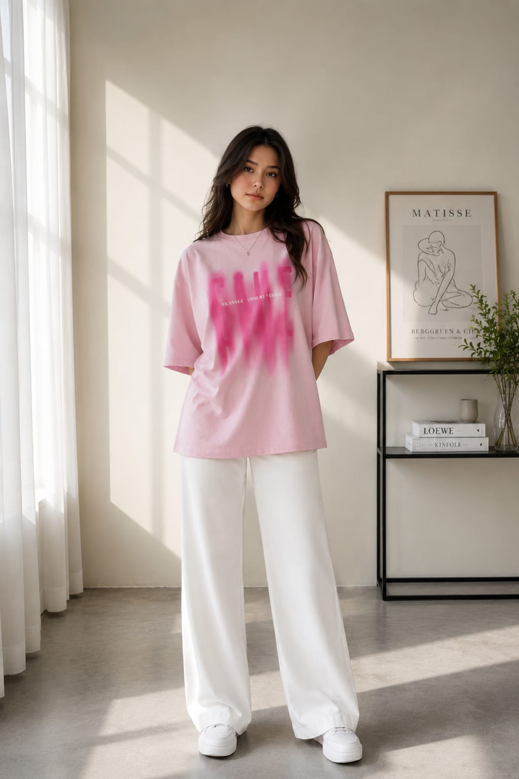 Zayuraa Pink Spray Paint Graphic Oversized T-Shirt and Wide-Leg Trouser Co-Ord Set