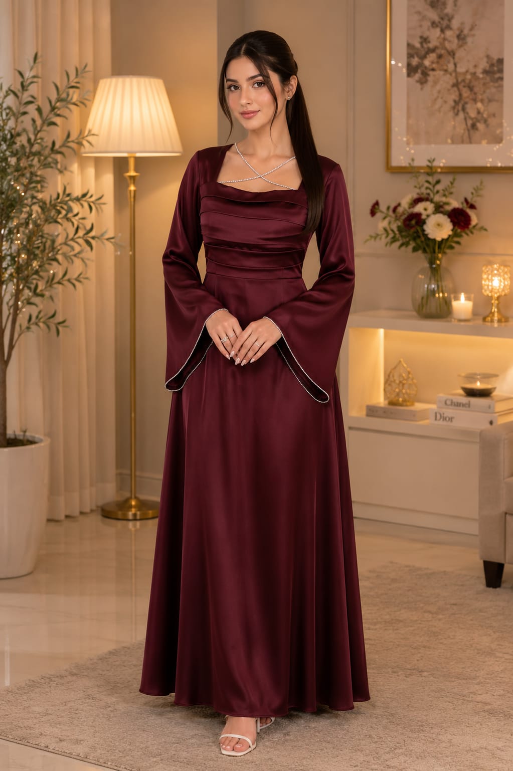 Zayuraa Crimson Aura Crystal-Trim Silk Maxi Dress – Modern Festive Wear