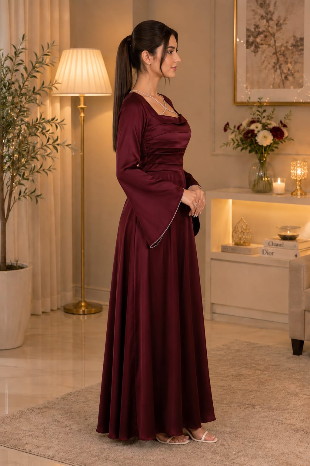 Zayuraa Crimson Aura Crystal-Trim Silk Maxi Dress – Modern Festive Wear