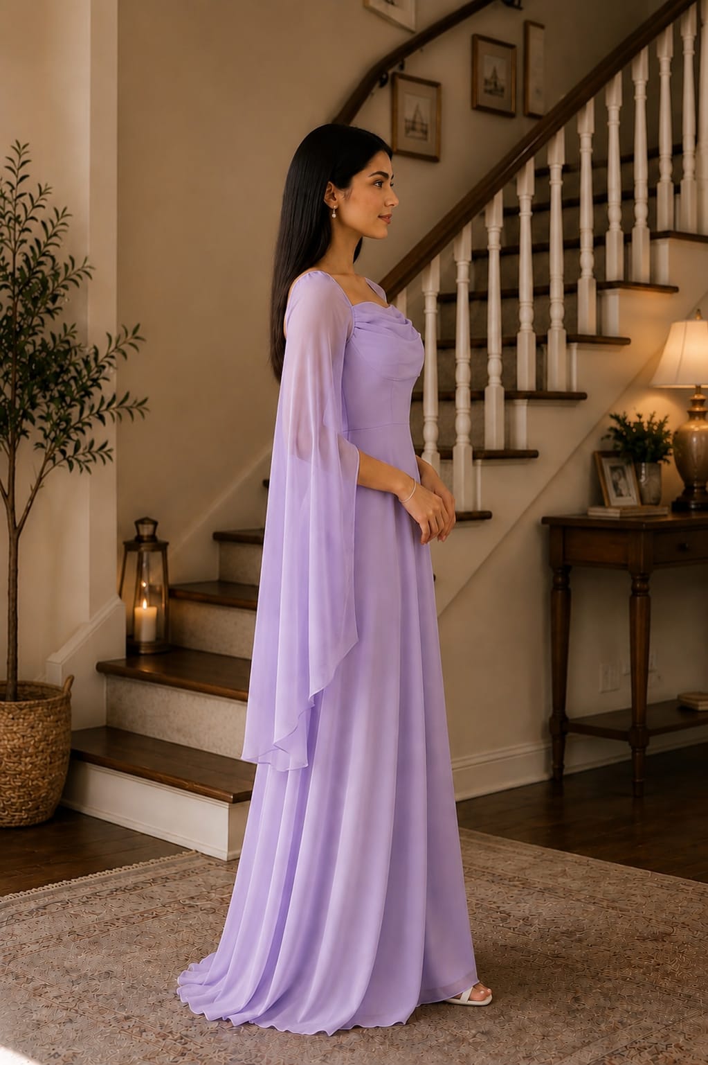 Zayuraa Lavender Dreams Chiffon Cape Sleeve Maxi Dress – Elegant Festive Wear