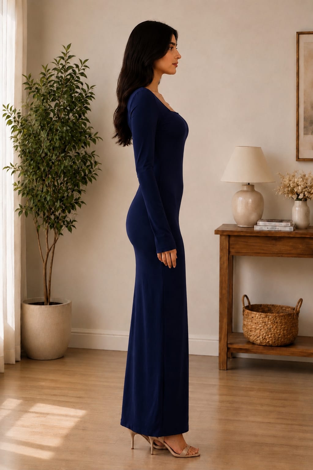 Zayuraa Midnight Sapphire Square-Neck Long Sleeve Maxi Dress – Modern Evening Wear